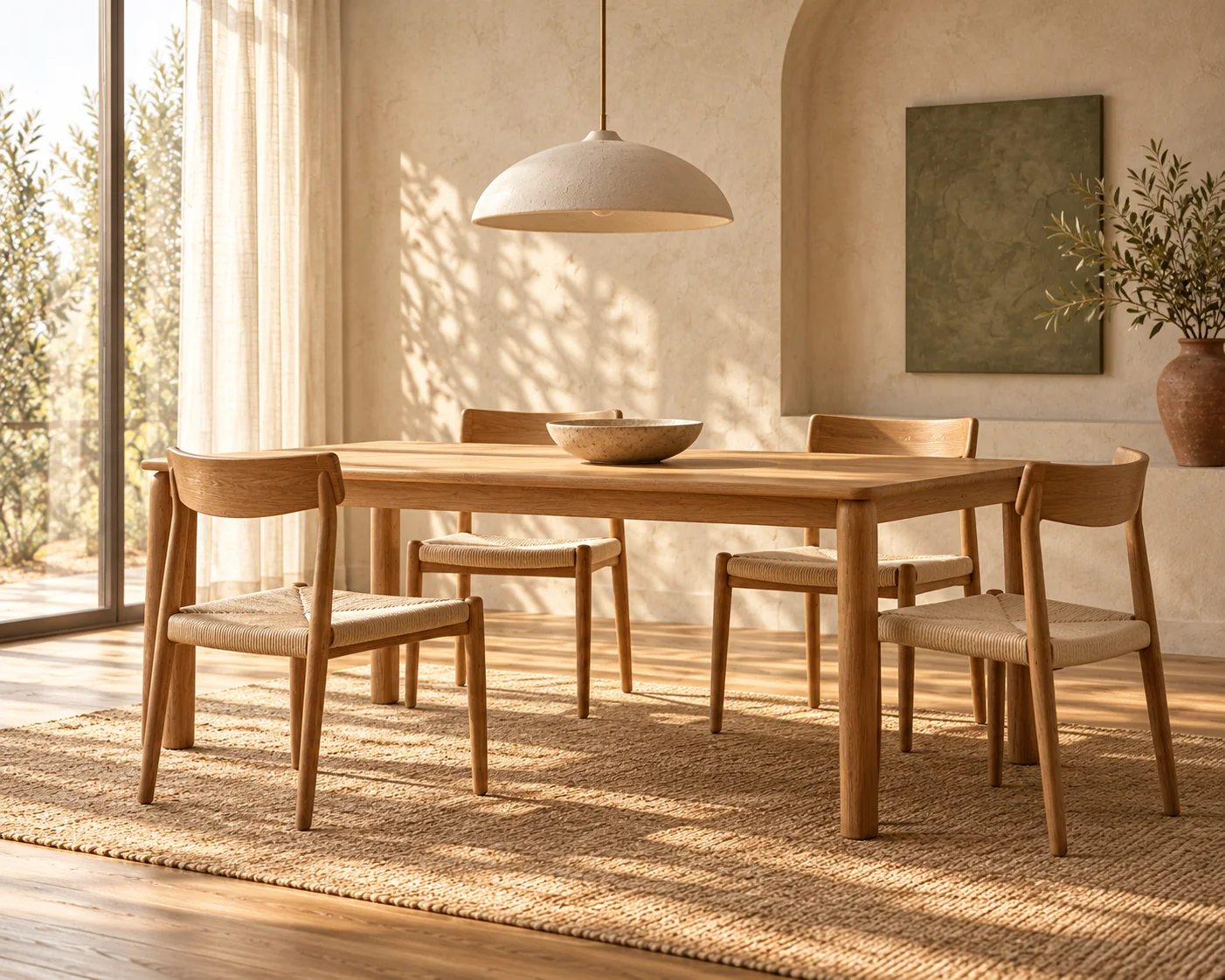 Concept study of a dining area with oak furniture