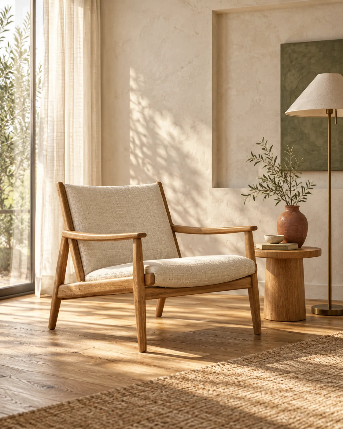 Warm interior concept render with an oak chair, floor lamp, and artwork