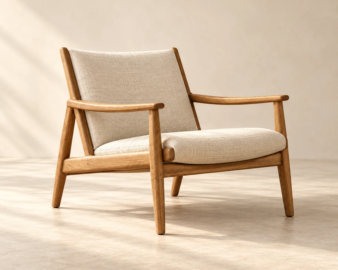 An original lounge-chair design study in warm timber and linen tones